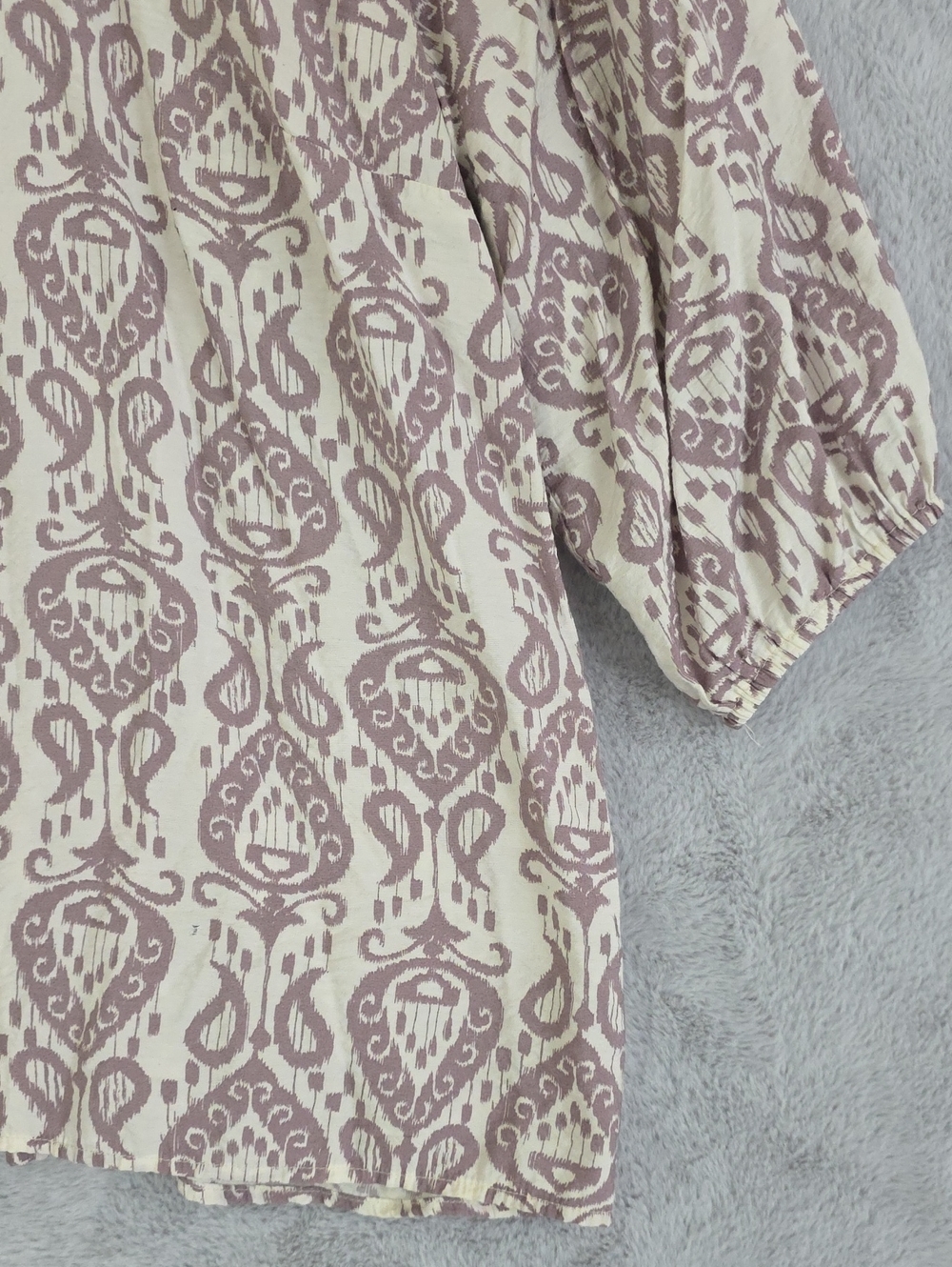 Fred David Women's 2X Ivory Taupe Ikat Print Blouse 3/4 Sleeve Split Neck Plus S - Picture 5 of 12